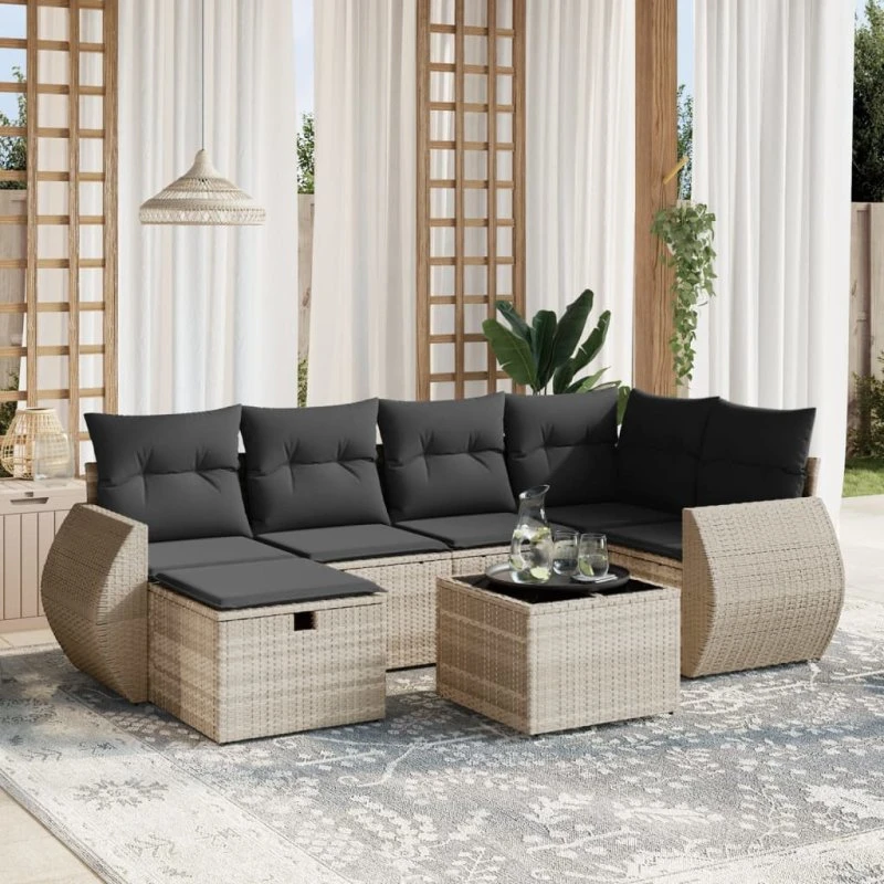 Havesofasæt 7 dele i lysegrå polyrattan med hynder