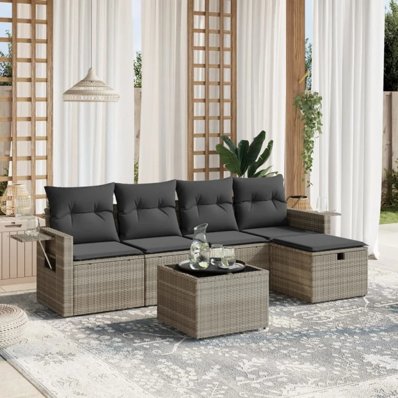 Havesofasæt 6 dele i lysegrå polyrattan med hynder