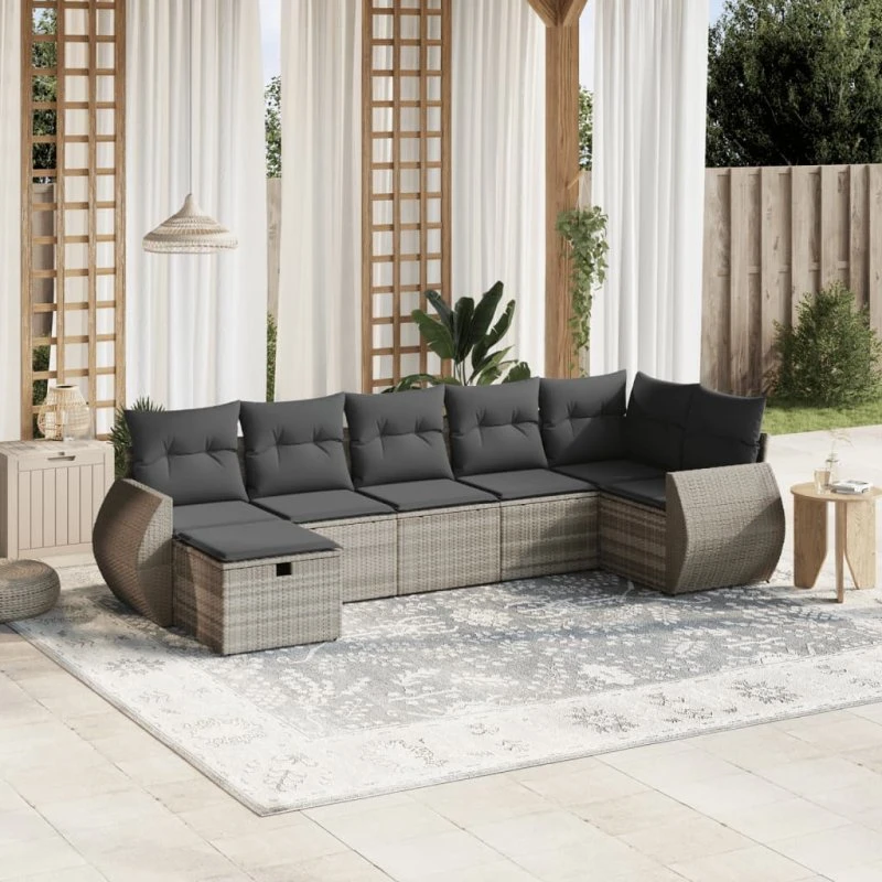 Havesofasæt 7 dele i lysegrå polyrattan med hynder