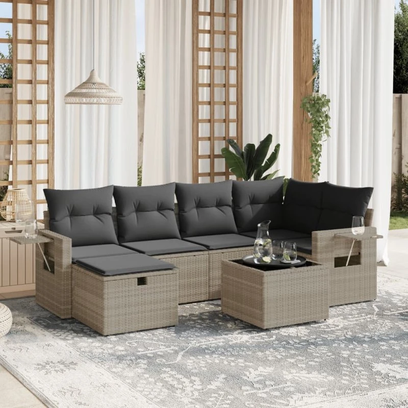 Havesofasæt 7 dele i polyrattan lysegrå med hynder