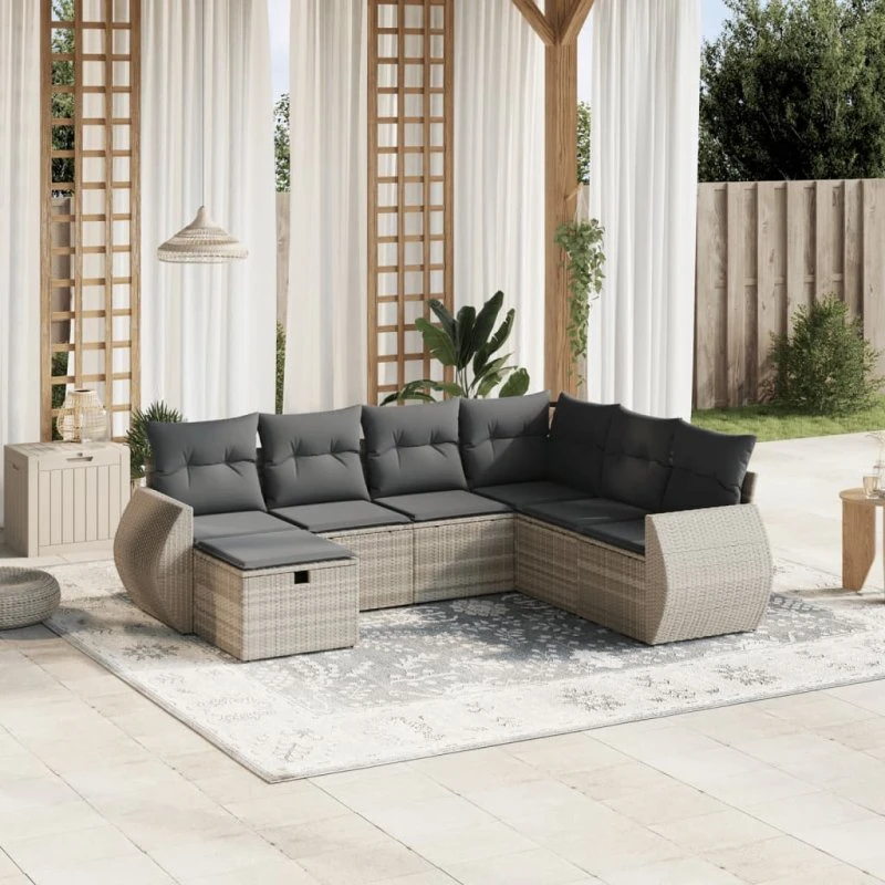 Havesofasæt 7 dele i lysegrå polyrattan med hynder