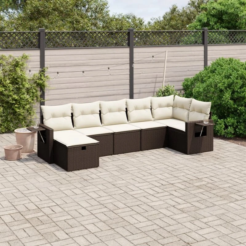 Havesofasæt 7 dele i brun polyrattan med hynder