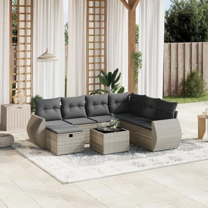 Havesofasæt 8 dele i lysegrå polyrattan med hynder