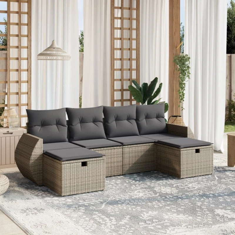 Havesofasæt 6 dele i polyrattan med hynder, grå