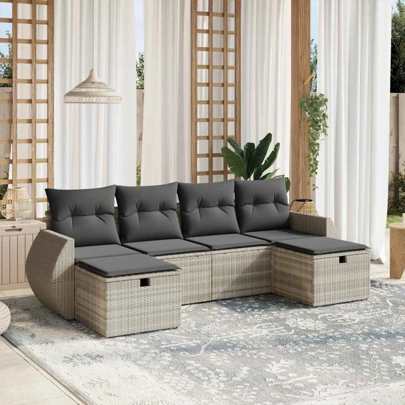 Havesofasæt 6 dele i lysegrå polyrattan med hynder