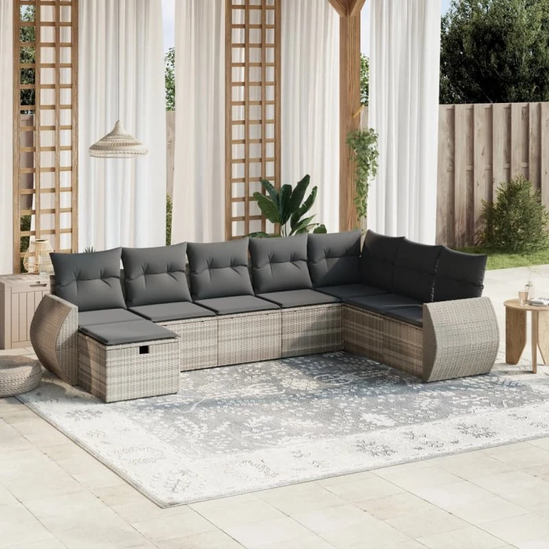 Havesofasæt 8 dele i lysegrå polyrattan med hynder
