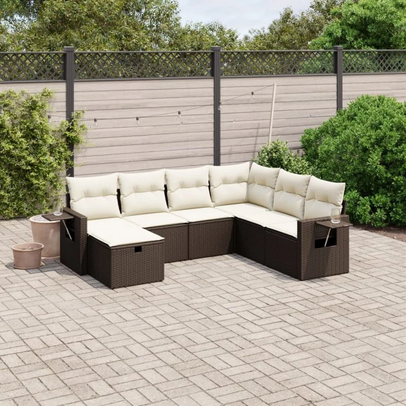 Havesofasæt 7 dele i brun polyrattan med hynder