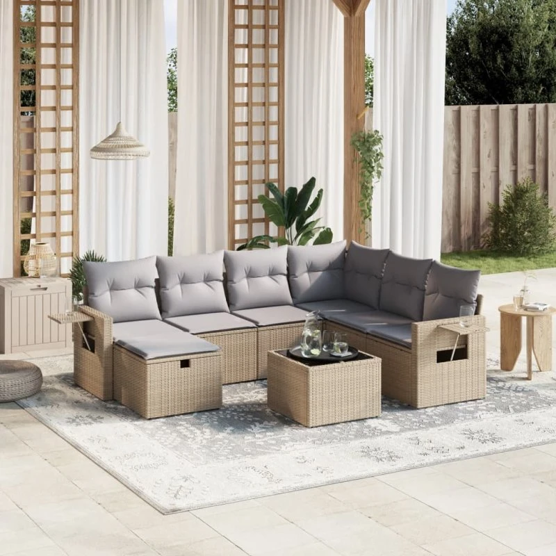 Havesofasæt 8 dele i beige polyrattan med hynder