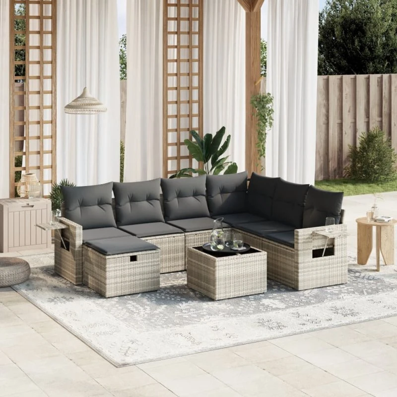 Havesofasæt 8 dele i lysegrå polyrattan med hynder