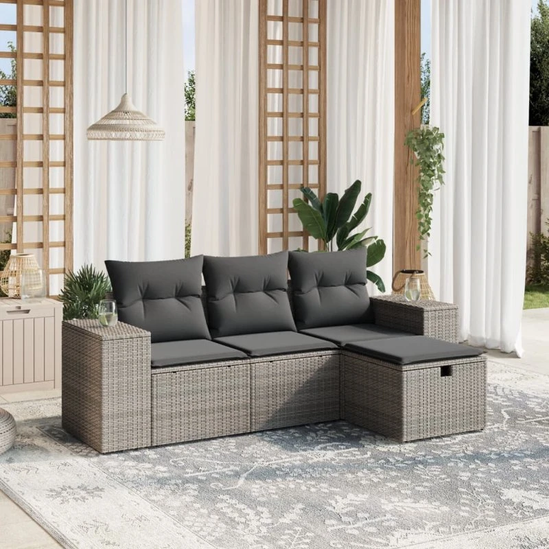 Havesofasæt 4 dele med hynder - Polyrattan grå