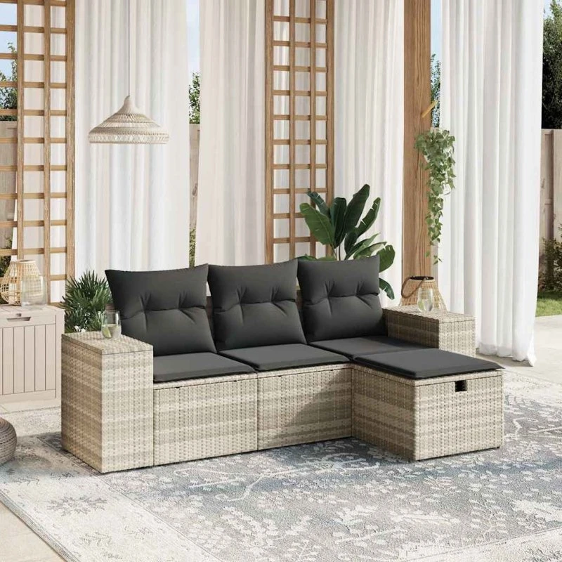 Havesofasæt 4 dele med hynder - Polyrattan lysegrå