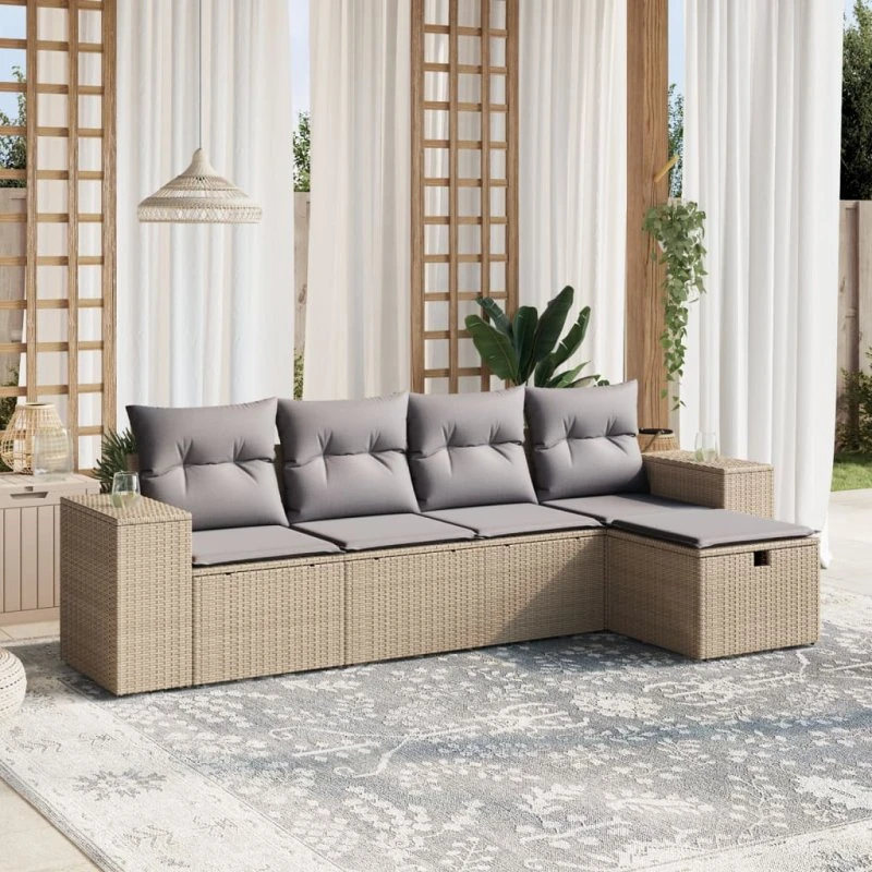 Havesofasæt 5 dele polyrattan med hynder – beige
