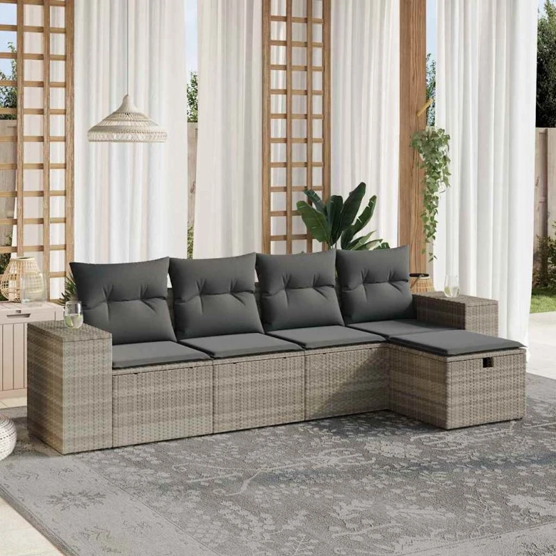 Sofasæt 5 dele i lysegrå polyrattan med hynder