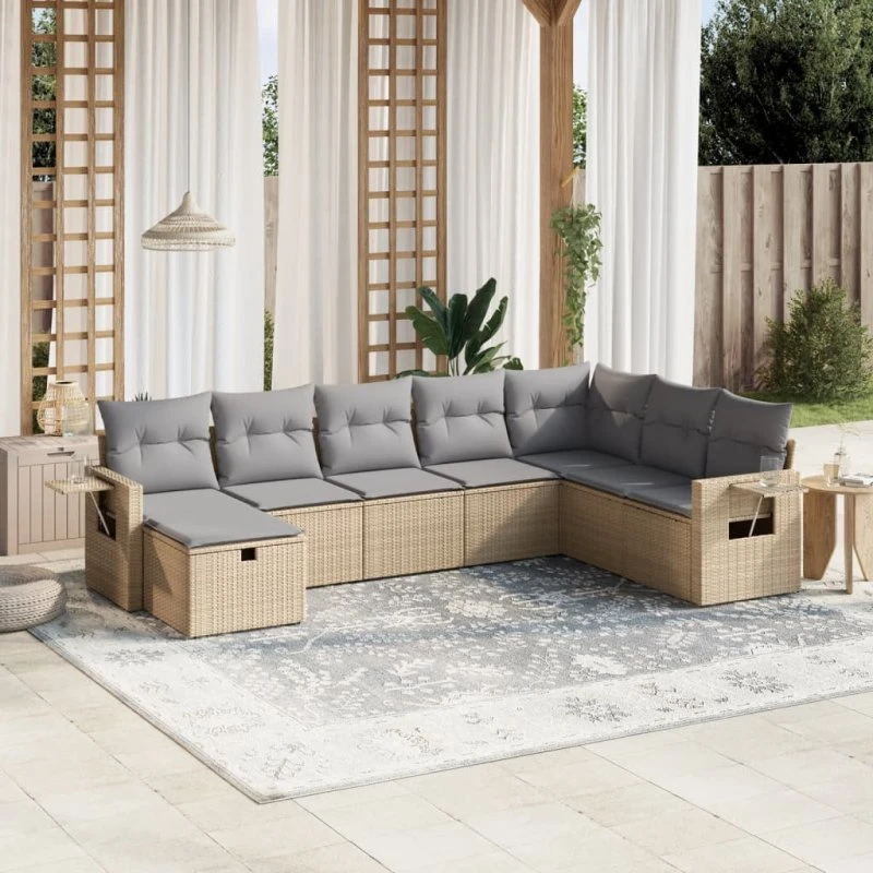 Havesofasæt 8 dele i polyrattan med hynder, beige