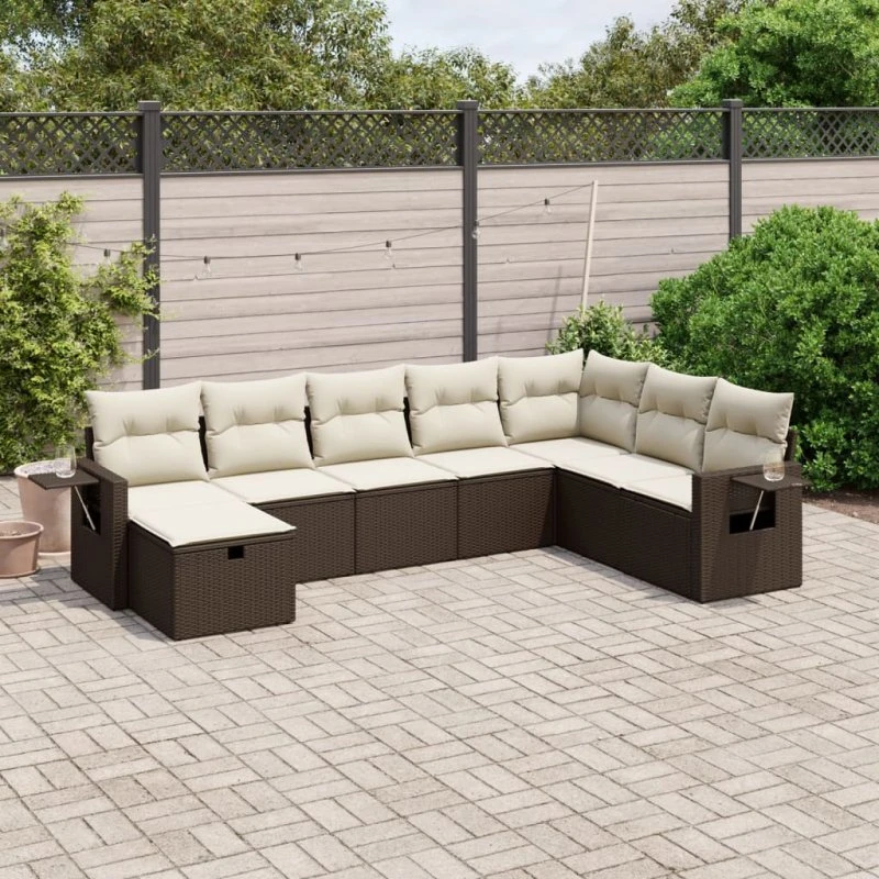 Havesofasæt 8 dele i brun polyrattan med hynder