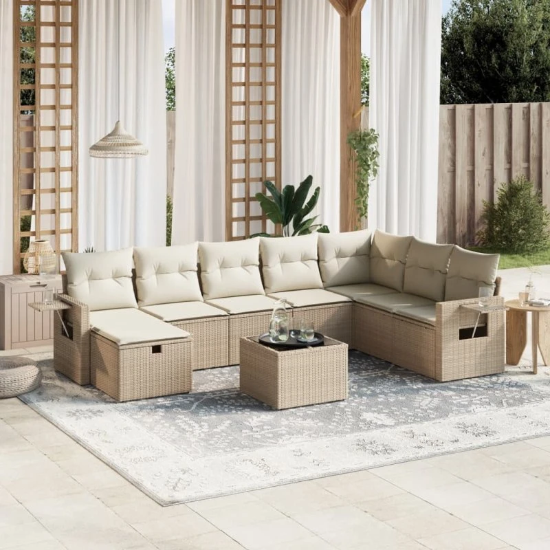 Havesofasæt 9 dele i beige polyrattan med hynder