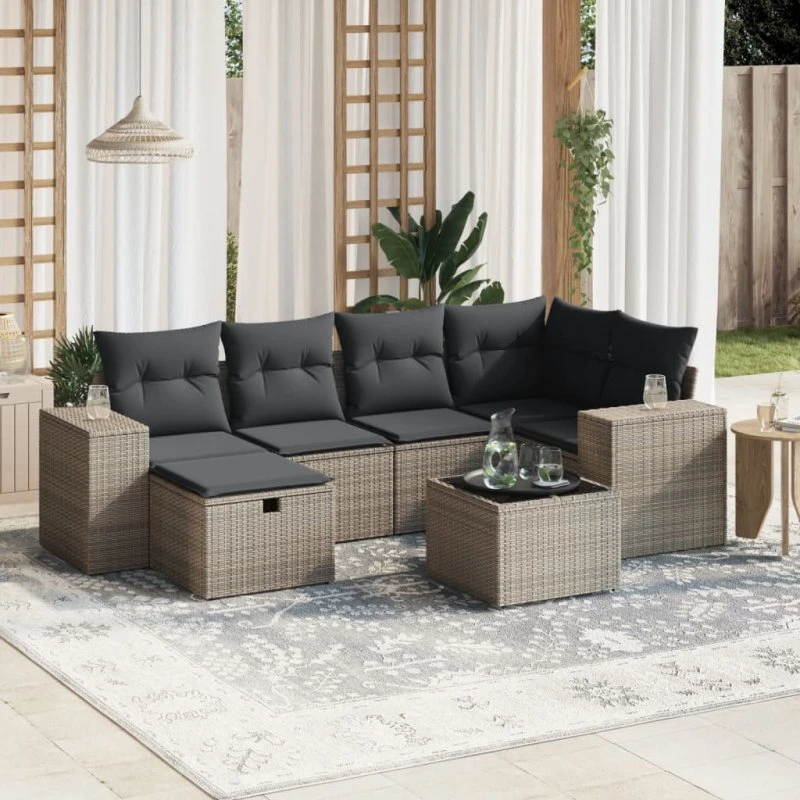 Havesofa sæt 7 dele i polyrattan med hynder – grå