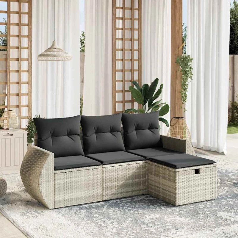 Havesofasæt 4 dele lysegrå polyrattan med hynder
