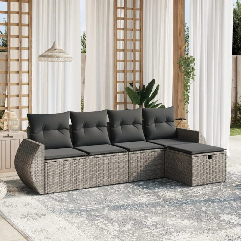 Havesofa sæt 5 dele i grå polyrattan med hynder