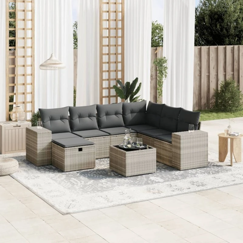 Havesofasæt 8 dele i lysegrå polyrattan med hynder
