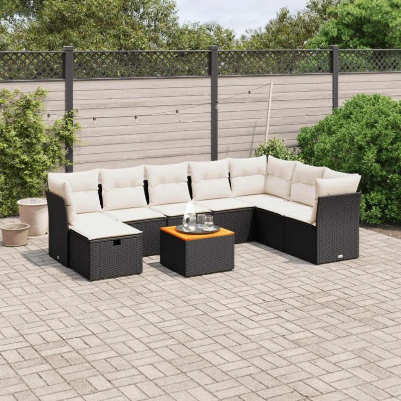Havesofasæt 9 dele i polyrattan med hynder - sort
