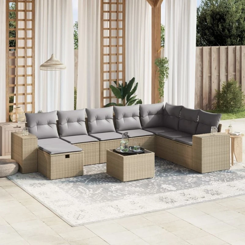 Spisebordssæt i polyrattan 9 dele med hynder – beige