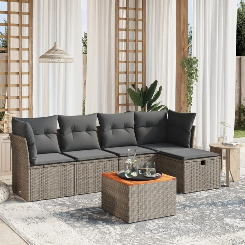 Havesofa-sæt 6 dele i grå polyrattan med hynder