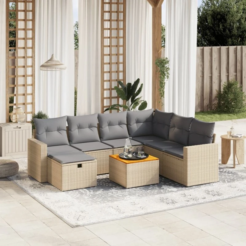 Havesofasæt 8 dele i beige polyrattan med hynder