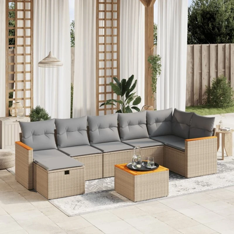 Havesofasæt 8 dele i polyrattan beige med hynder