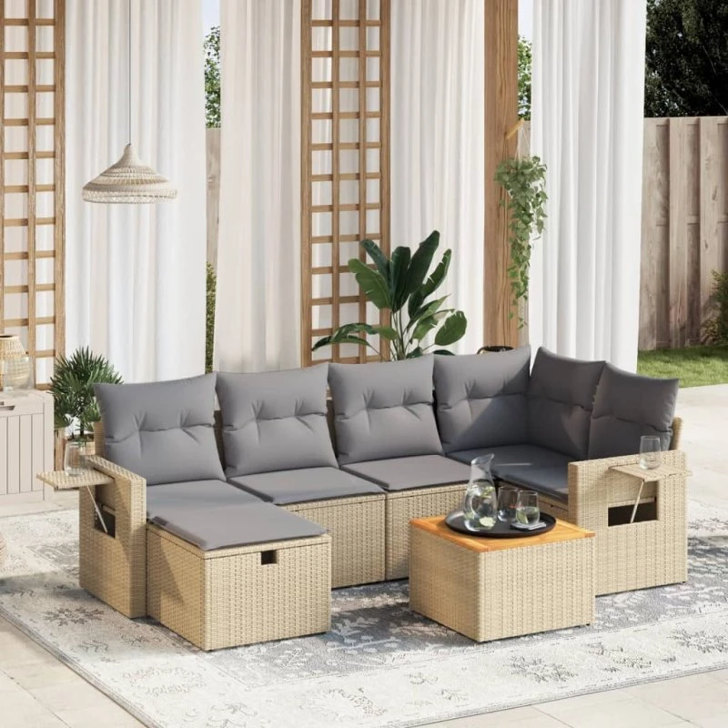 Havesofasæt 7 dele i polyrattan med hynder - beige