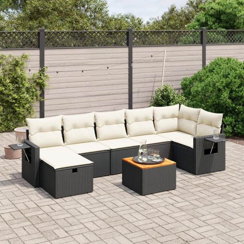 Havesofasæt 8 dele i polyrattan med hynder - sort