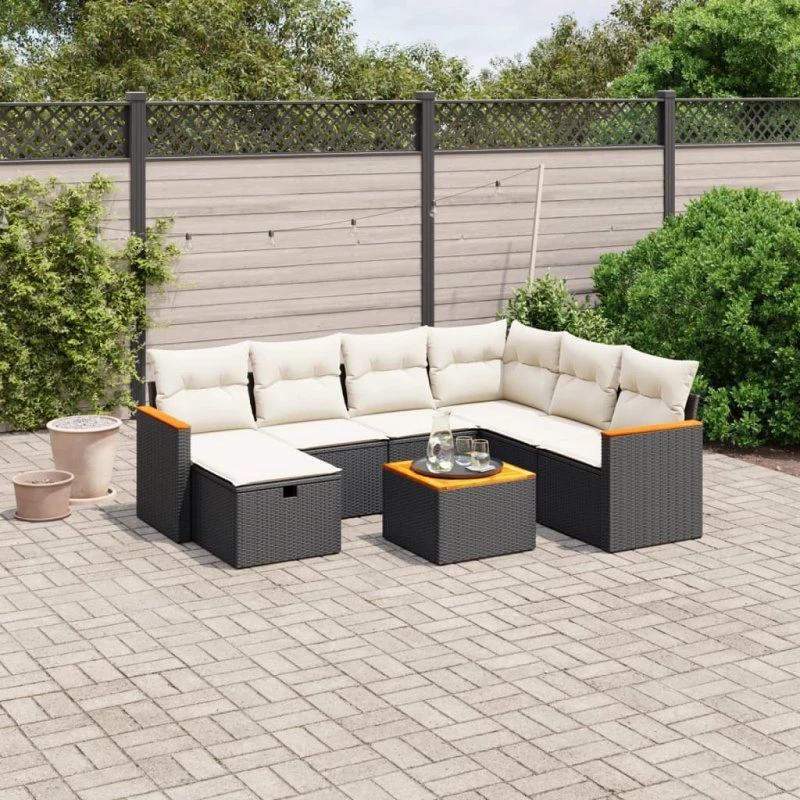 Havesofasæt 8 dele i sort polyrattan med hynder