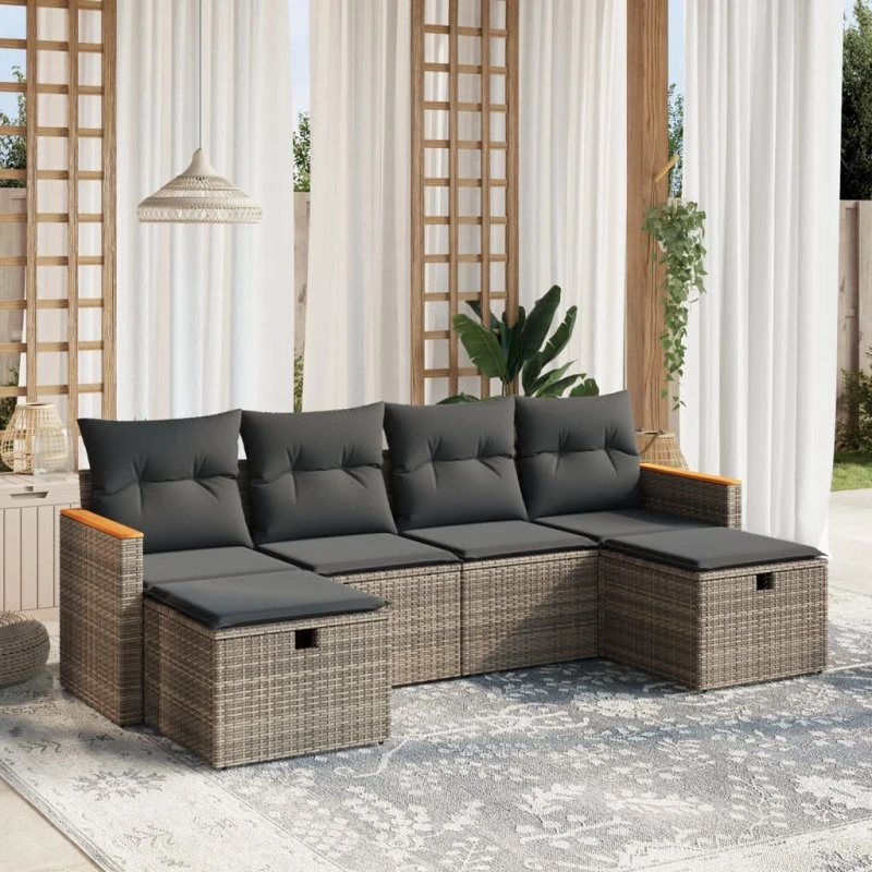 Havesofasæt 6 dele i polyrattan med hynder - grå