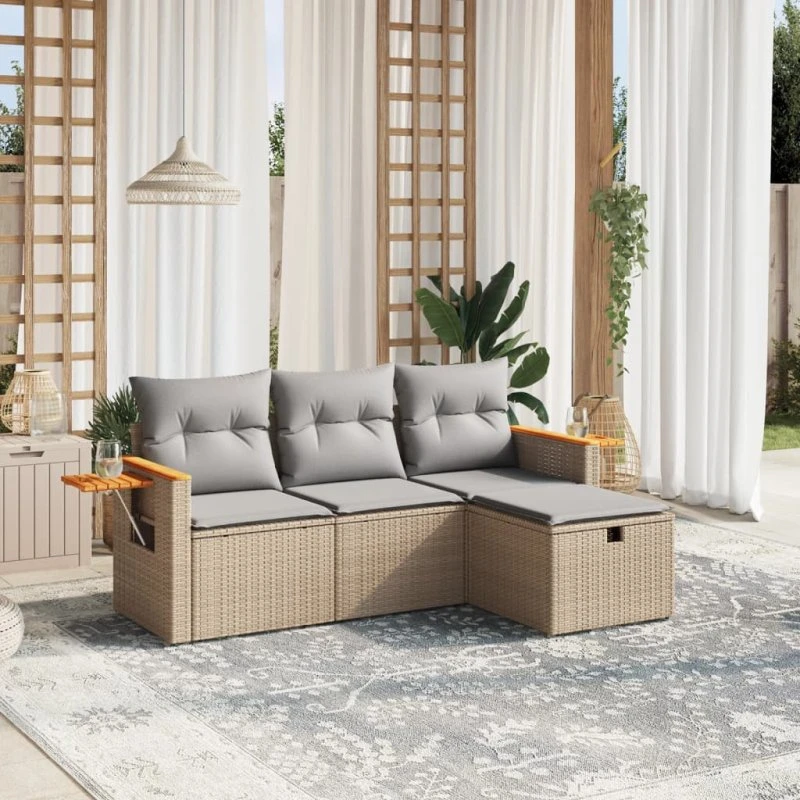 Havesofasæt 4 dele i polyrattan med hynder, beige