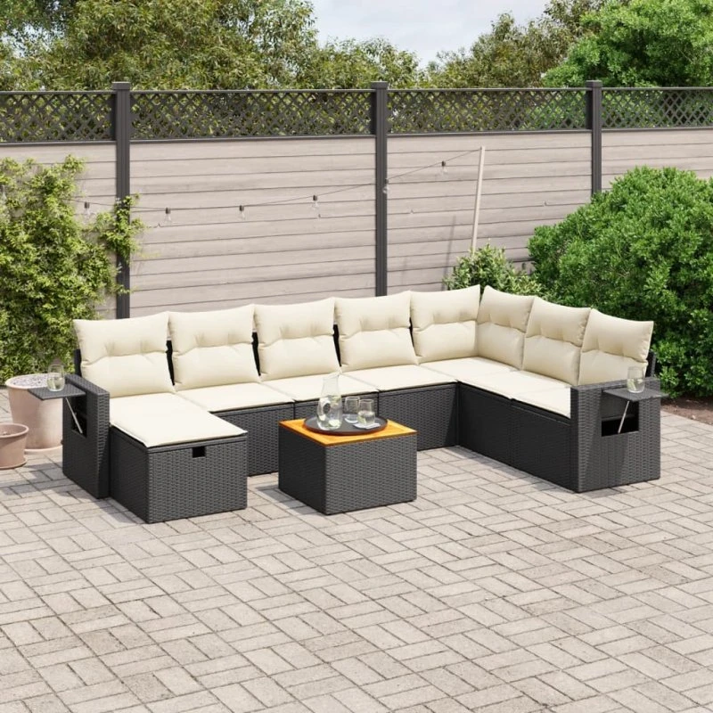 Havesofasæt 9 dele polyrattan sort med hynder