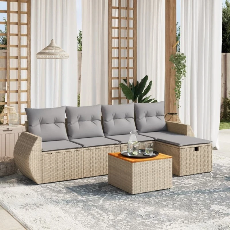 Havesofasæt 6 dele i polyrattan med hynder – beige