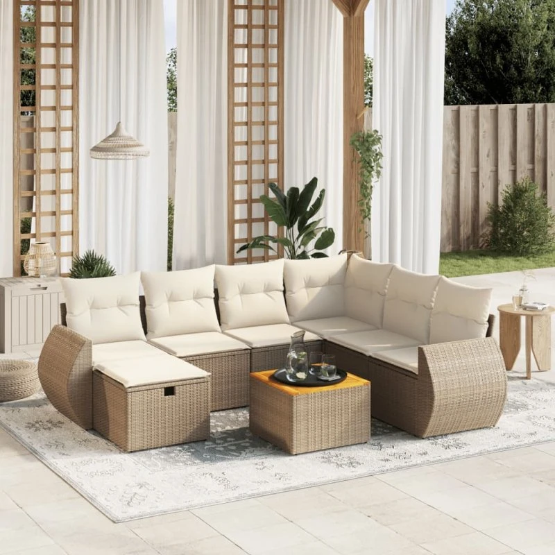 Havesofasæt 8 dele i polyrattan med hynder – beige