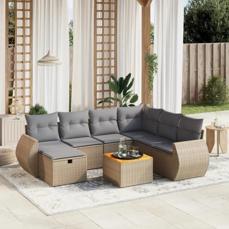 Havesofasæt 8 dele i beige polyrattan med hynder
