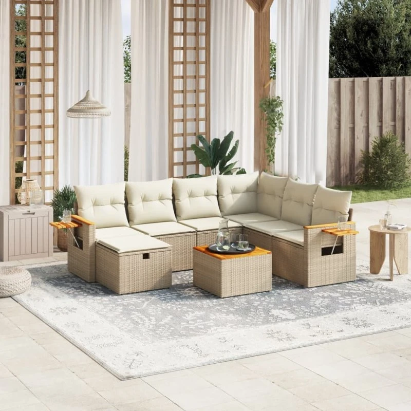 Havesofasæt 8 dele i polyrattan med hynder, beige