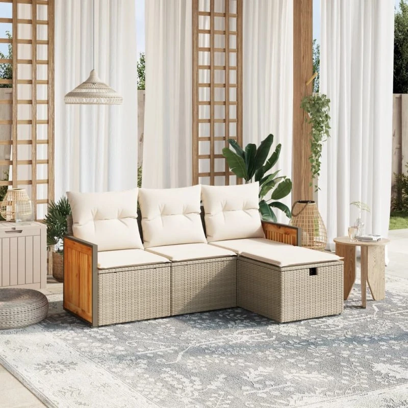 Havesæt 4 dele i polyrattan med hynder – beige