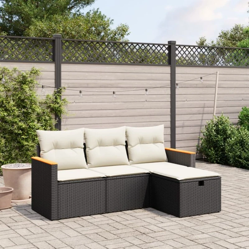 Sofasæt til haven 4 dele i sort polyrattan m. hynder