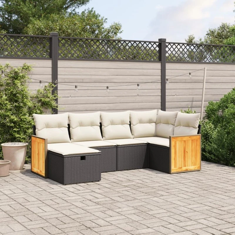 Sofasæt til haven 6 dele i polyrattan med hynder, sort