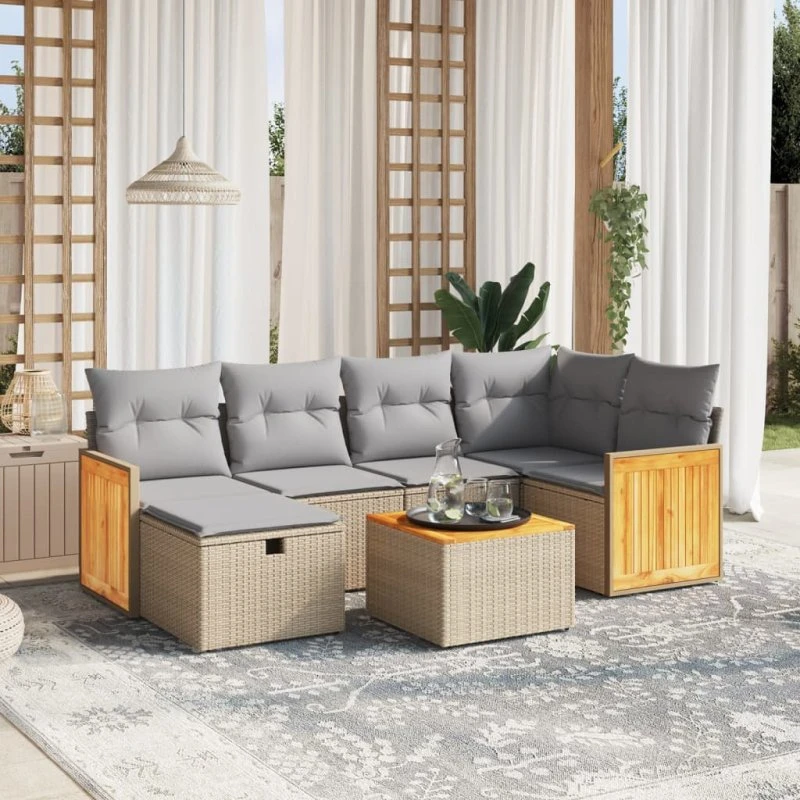 Havesofasæt 7 dele i beige polyrattan med hynder