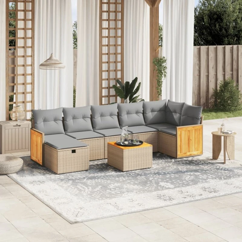 Havesofasæt 8 dele i polyrattan med hynder, beige
