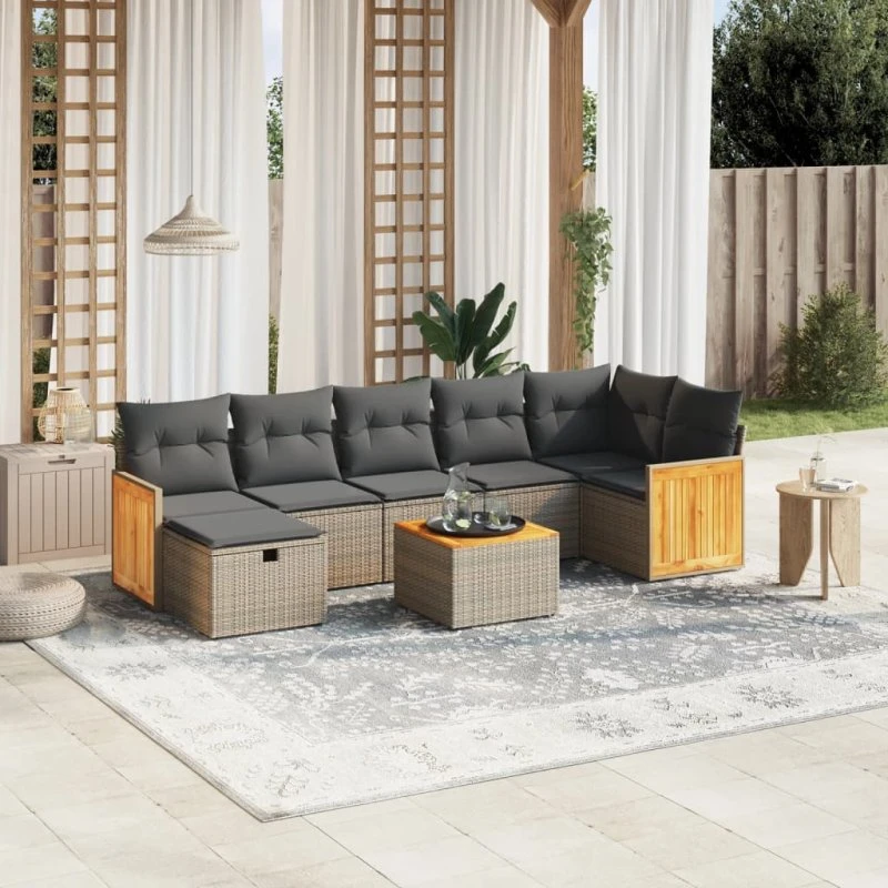 Sofasæt til haven 8 dele i grå polyrattan med hynder