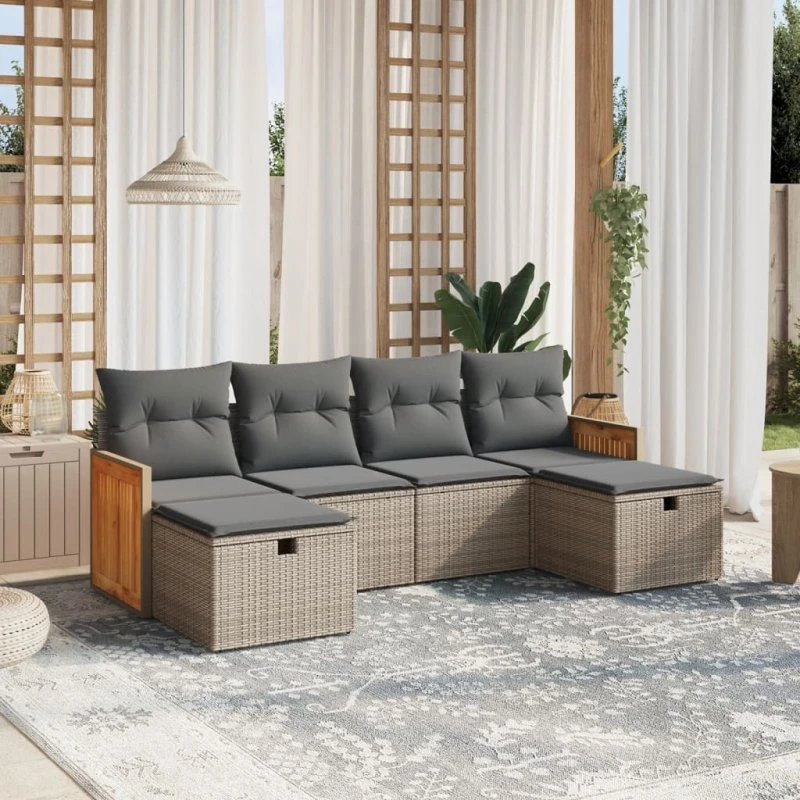 Havesofasæt 6 dele i polyrattan med hynder, grå