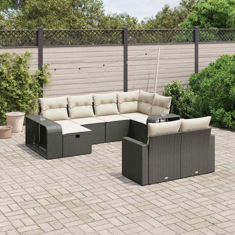 Havesofasæt 10 dele i sort polyrattan med hynder