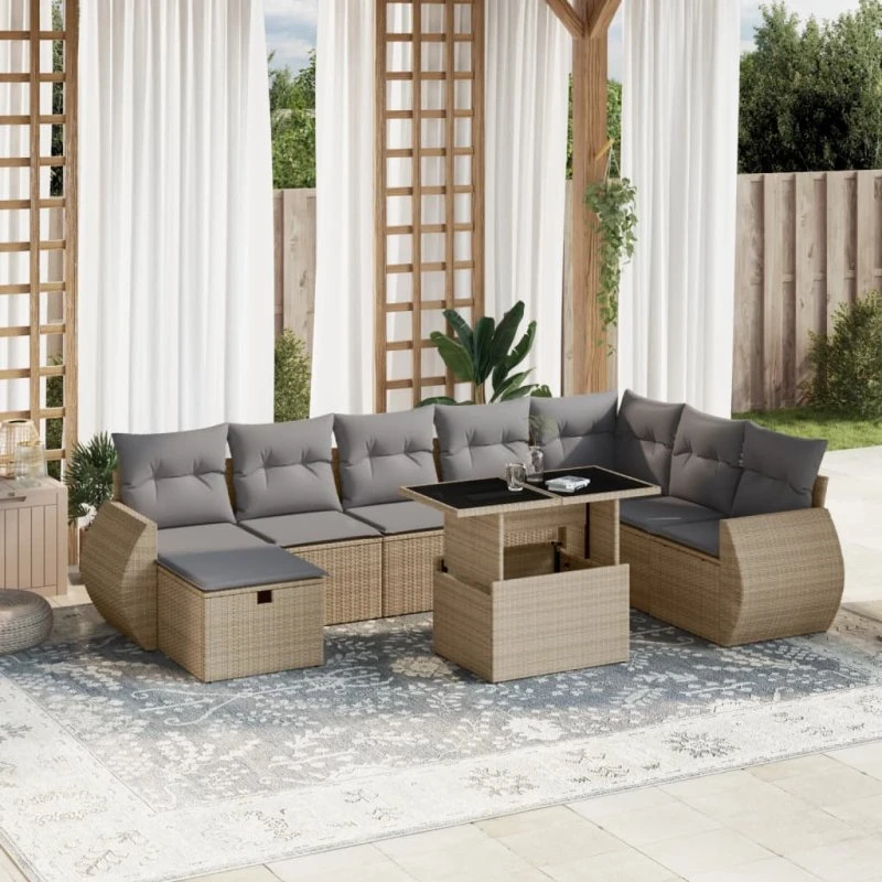 Havesofasæt 9 dele i beige polyrattan med hynder