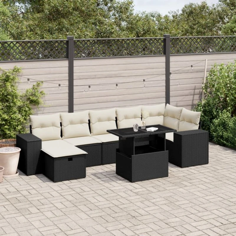 Havesofasæt 8 dele i sort polyrattan med hynder