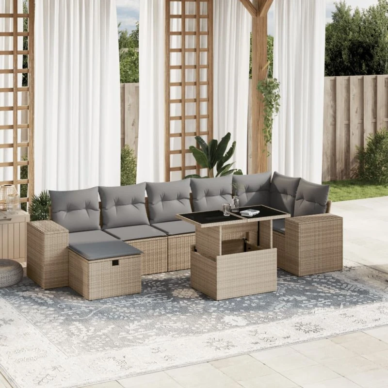 Havesofasæt 8 dele i polyrattan med hynder, beige